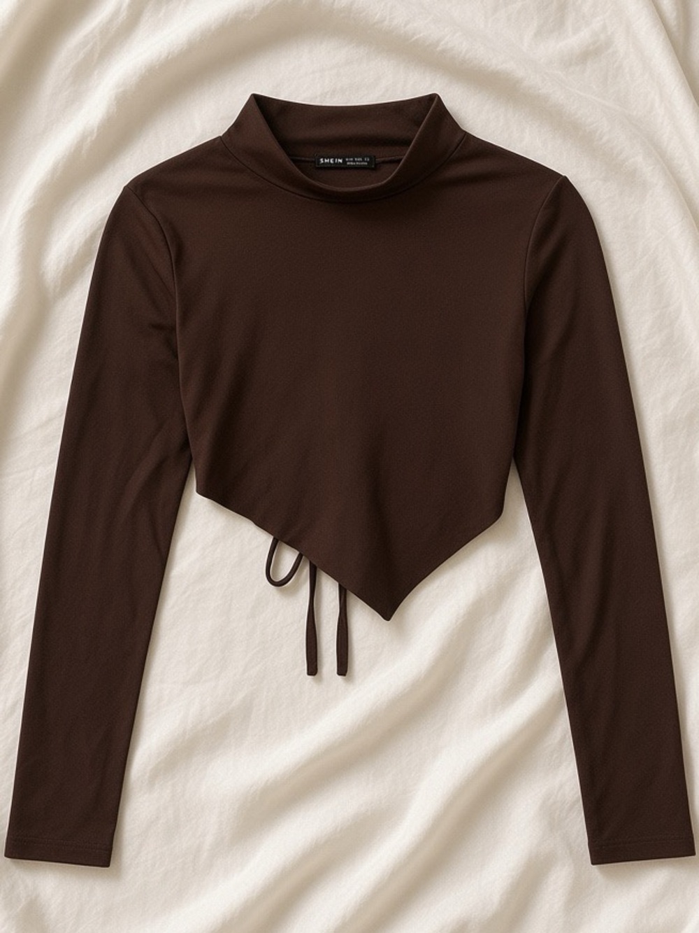 Dark Brown Mock Neck Asymmetric Drawstring Long Sleeve Crop Top